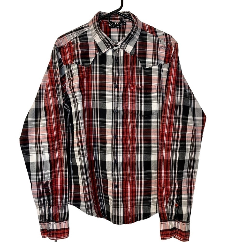 Quicksilver Black Red White Madras Plaid Western Long Sleeve Button Down Shirt L